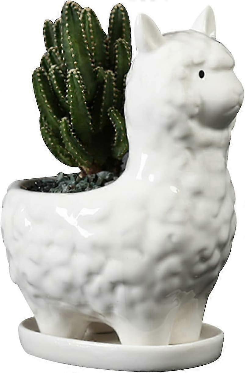 Mini Llama-Shaped Ceramic Succulent Pot with Drainage Tray  Cute Decor