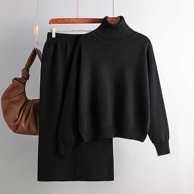Solid color turtleneck sweater half-body hip skirt two-piece set autumn and winter new knitted suit women