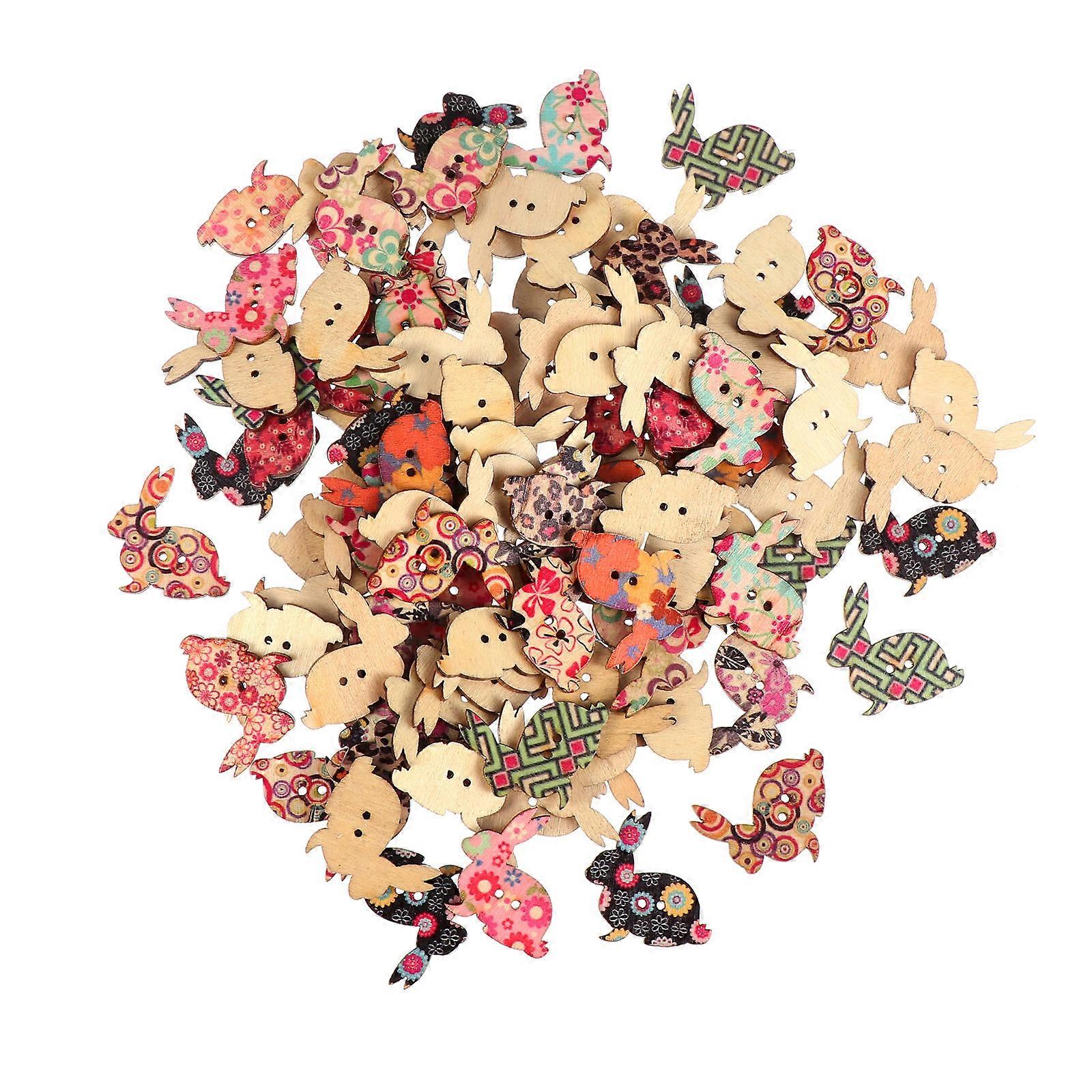 100pcs Wooden Bunny Shaped Buttons with Two Holes for DIY Sewing Projects