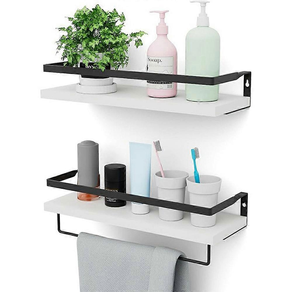 2Pcs / Set Iron + Wood Wall Mounted Shelf Bathroom Kitchen Storage Rack with Towel Bar White