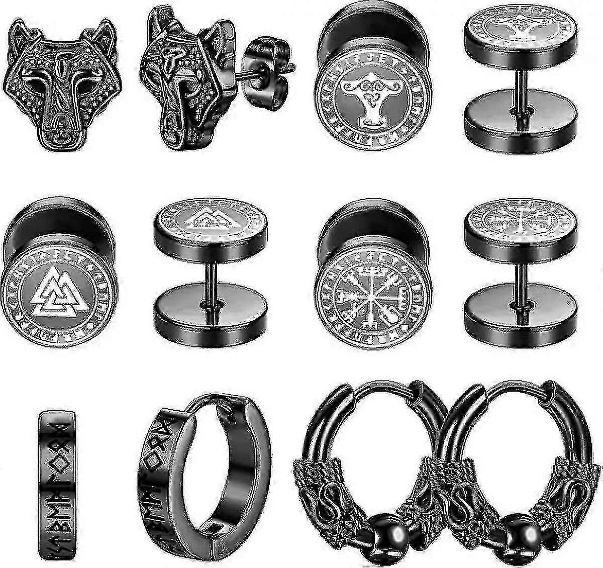 6 Pairs Stainless Steel Viking Hoop Retro Fashion Earrings For Men