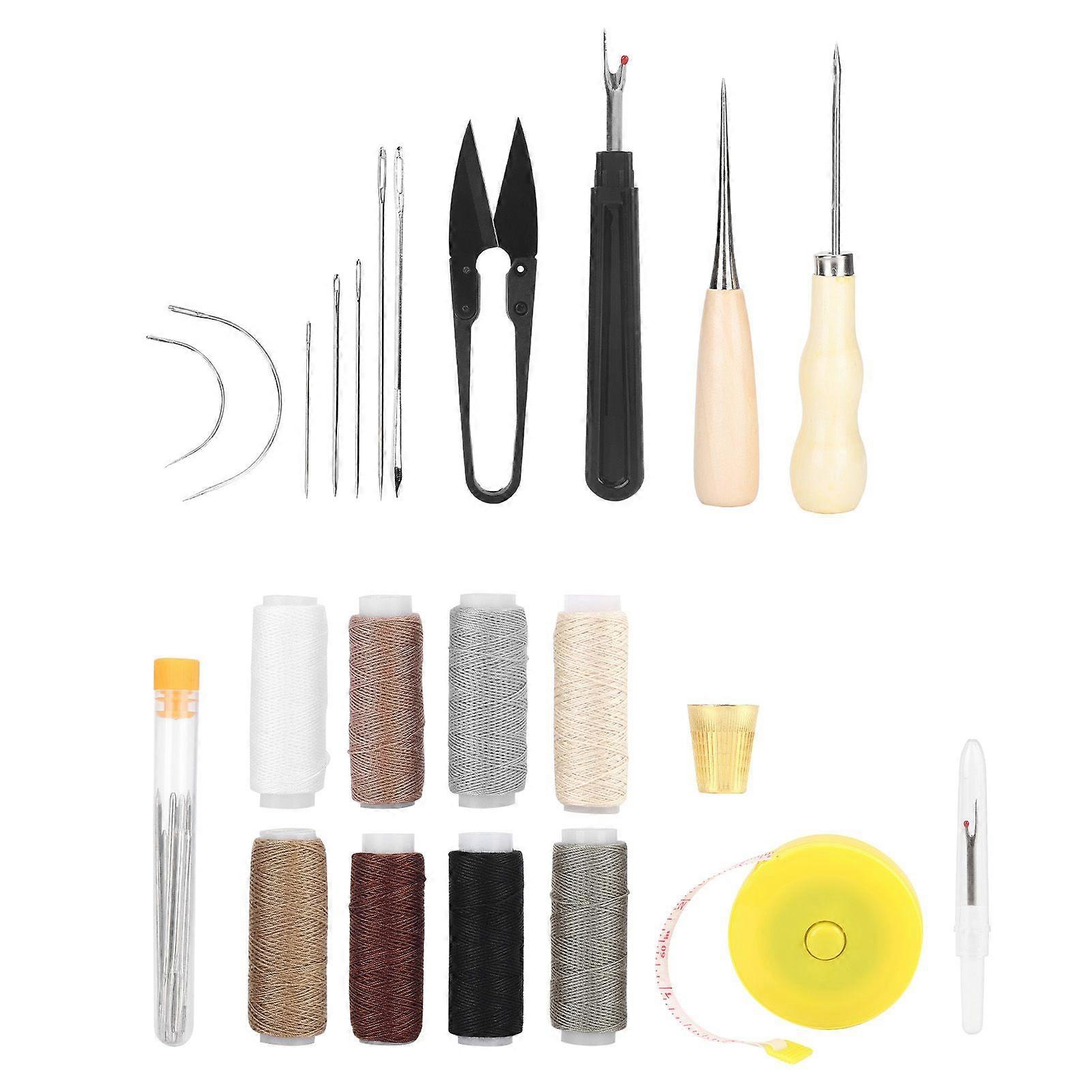 31Pcs Leather Sewing Tools Kit with Scissors Sewing Needles Punch Thimble Threads Set