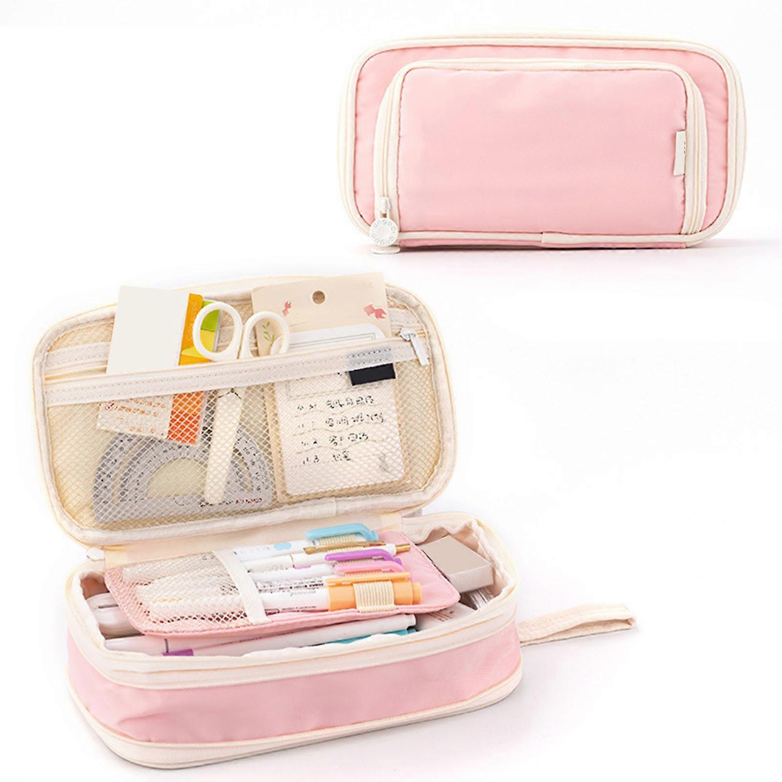 Large Capacity Canvas Pencil Case 21.5x3x11cm Pink Multi Layer