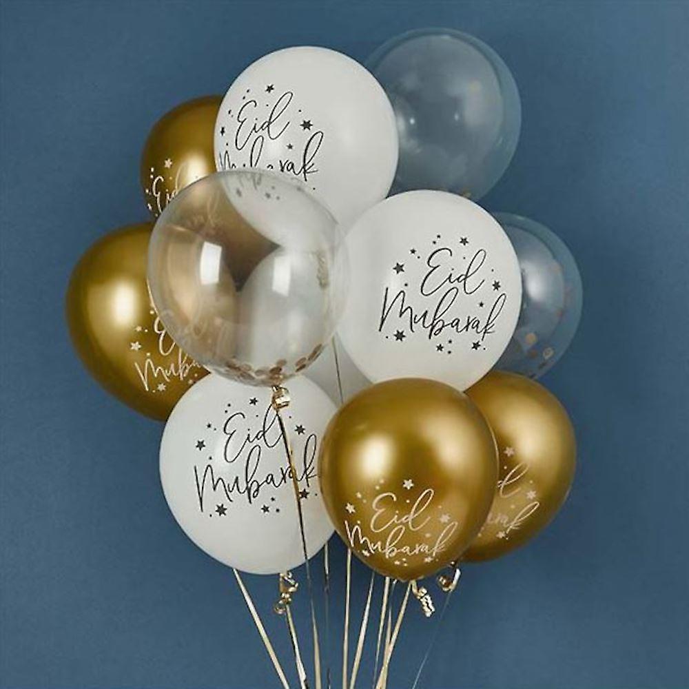 Gold White Eid Mubarak Balloons | Ramadan Partyware Decorations x12
