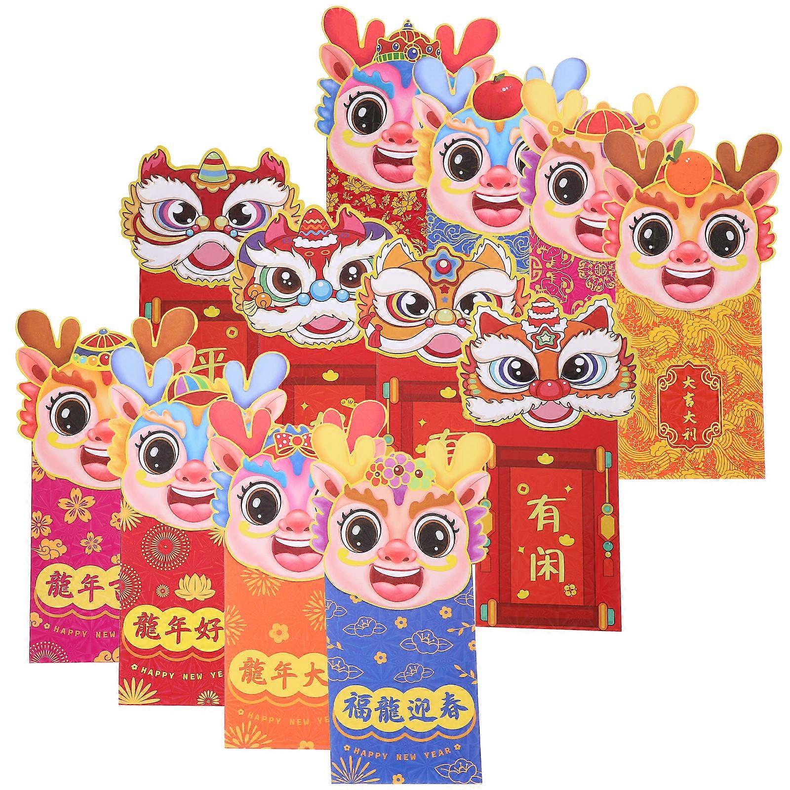Spring Festival Paper Red Envelopes Chinese New Year Money Storage Mixed Style 12Pcs