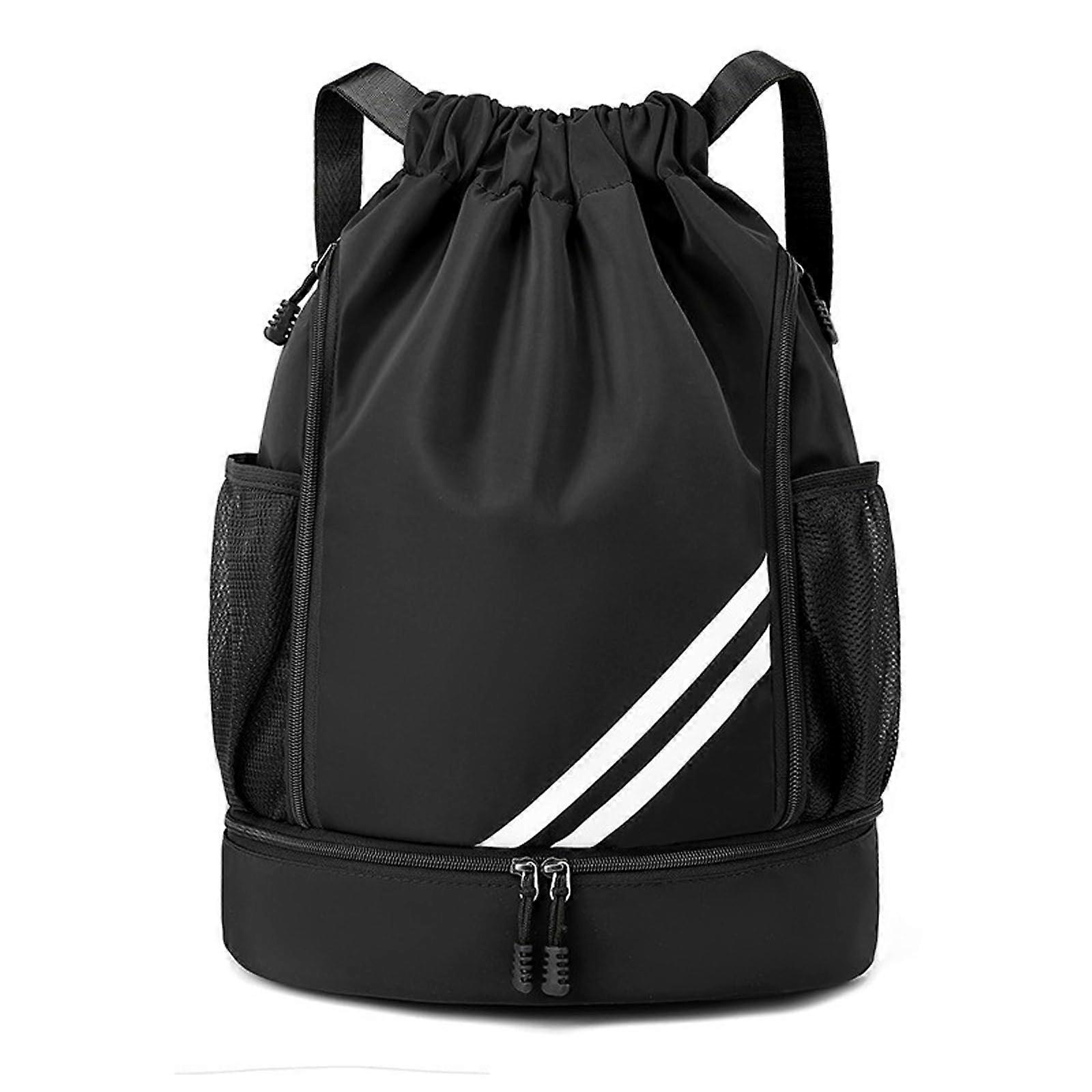 Drawstring Backpack Waterproof Gym Bag With Shoe Compartment Side Mesh Pockets For Women Men Black