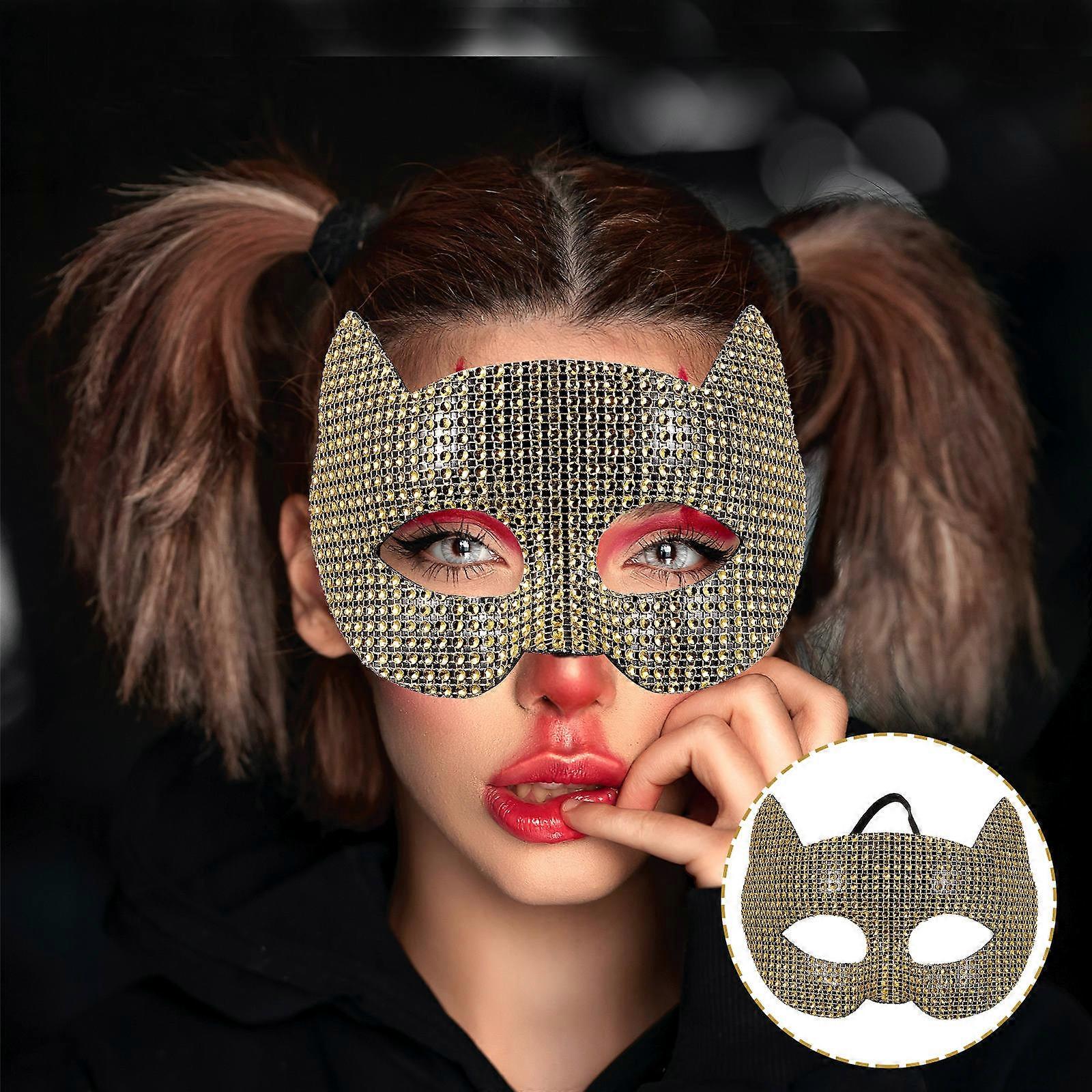 Cosplay Cat Mask Animal Mask for Stage Use 2Pcs Golden Rhinestone Style