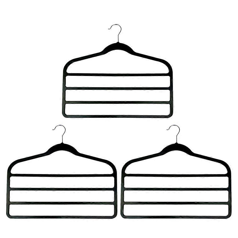 Multi Pant Hanger 3Pcs Space Saving Clothes Organizer Multi-Layer Hanger Black Made of Flocked Material