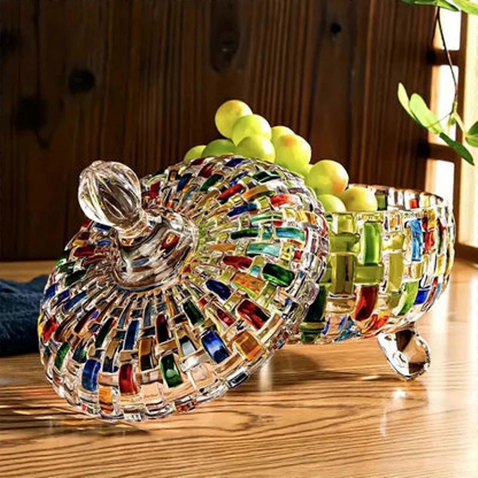 Hand-painted Glass Candy Jar with Woven Pattern, Colored Crystal Fruit Vase - Kitchen Essentials