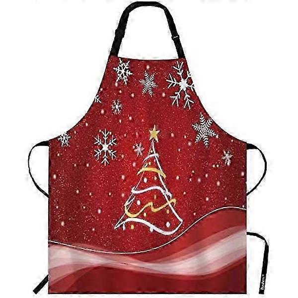 Christmas Tree Snowflakes Red Apron Adjustable Neck Strap Abstract Light Star Dots Fluttering Waves Polyester Work Apron