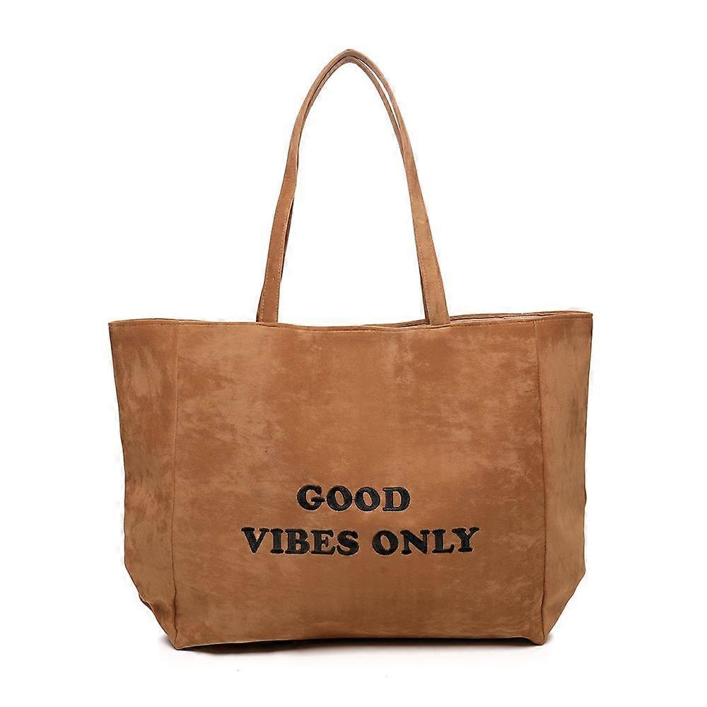 Ladies Tan and Khaki Good Vibes Only Suede Lightweight Reusable Shopping Bag
