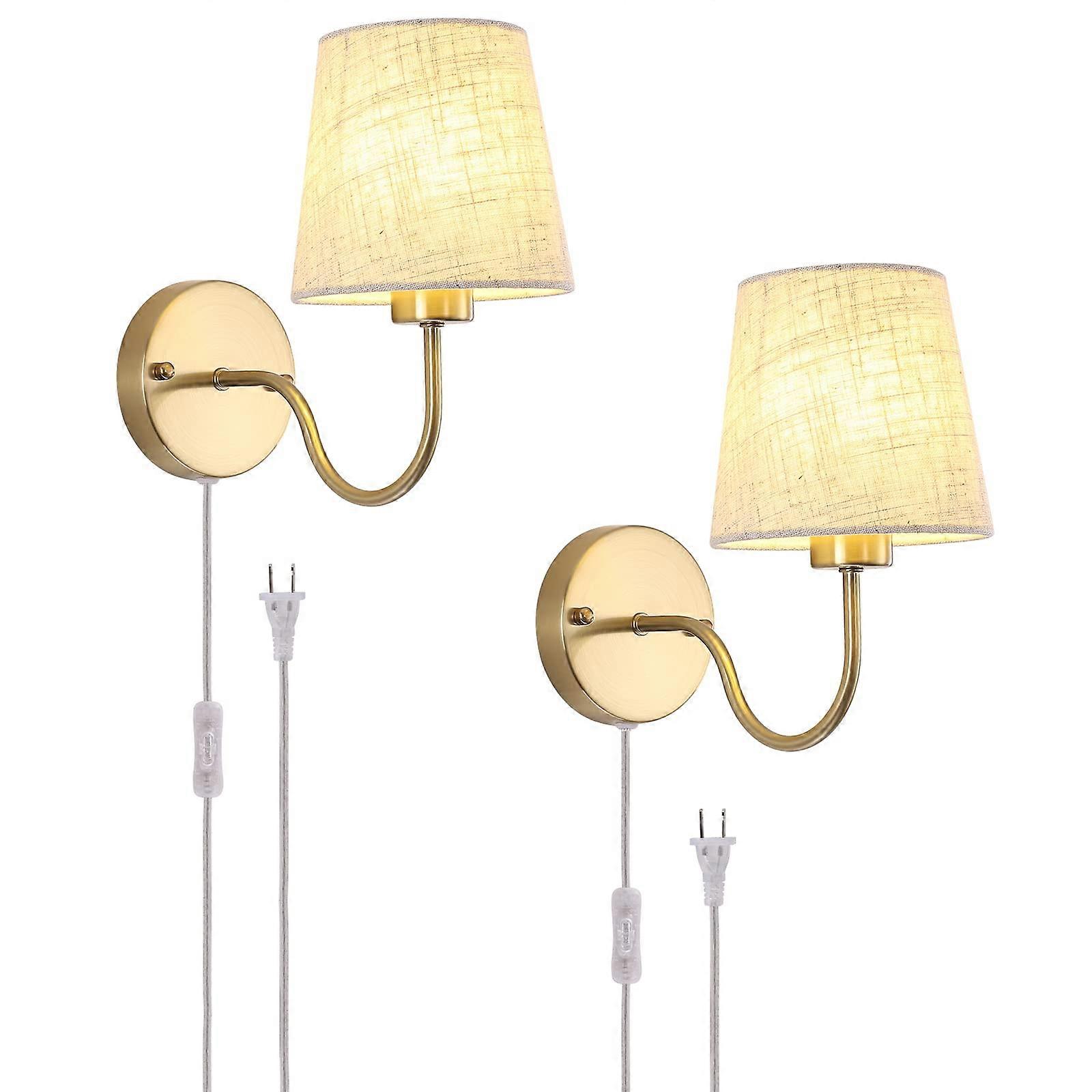 Set of 2 Gold Wall Sconces with Plug in Cord, Modern Fabric Shade Lights, E26 Dual Installation