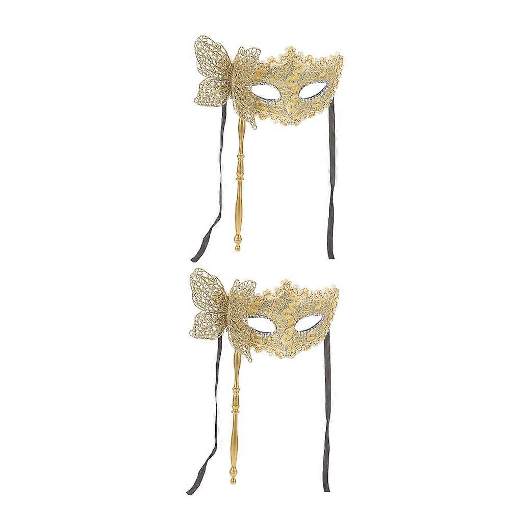 Golden Masquerade Mask with Stick for Decoration 2Pcs Handheld Dragon Pattern