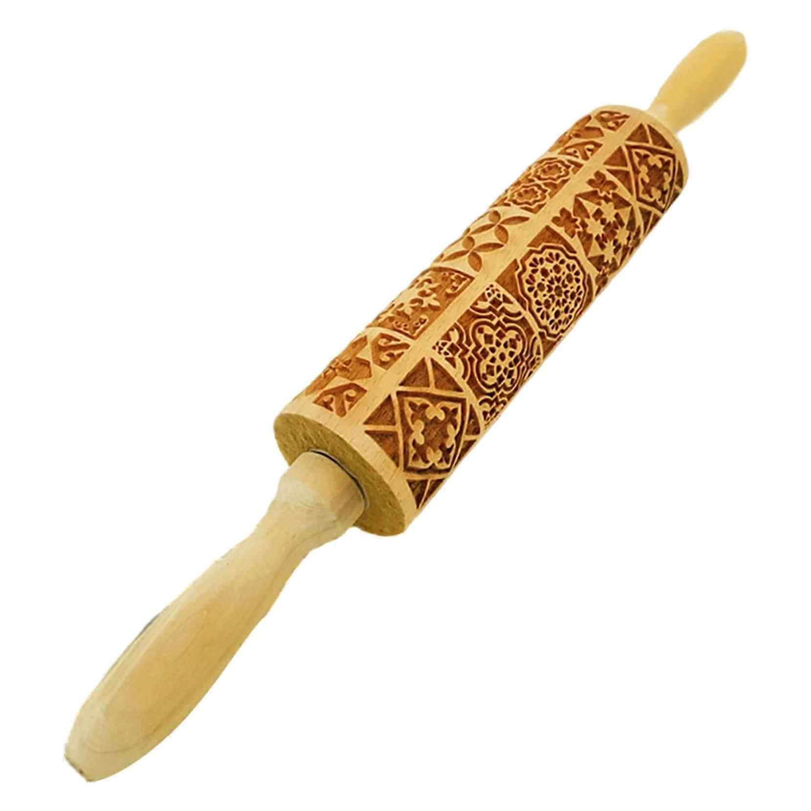 Embossed Rolling Pin Vintage Square Wooden Design for Christmas Cookies Baking 14inch Ergonomic Grip