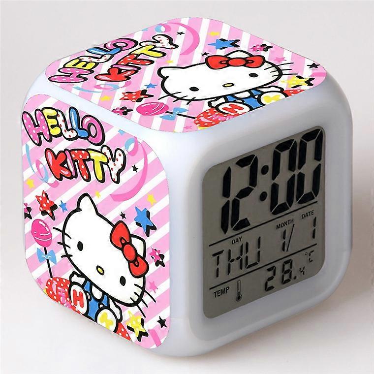 Cartoon Hello Kitty Alarm Clock, Color Changing Seven-Color Alarm Clock, Square Clock, Student Gift