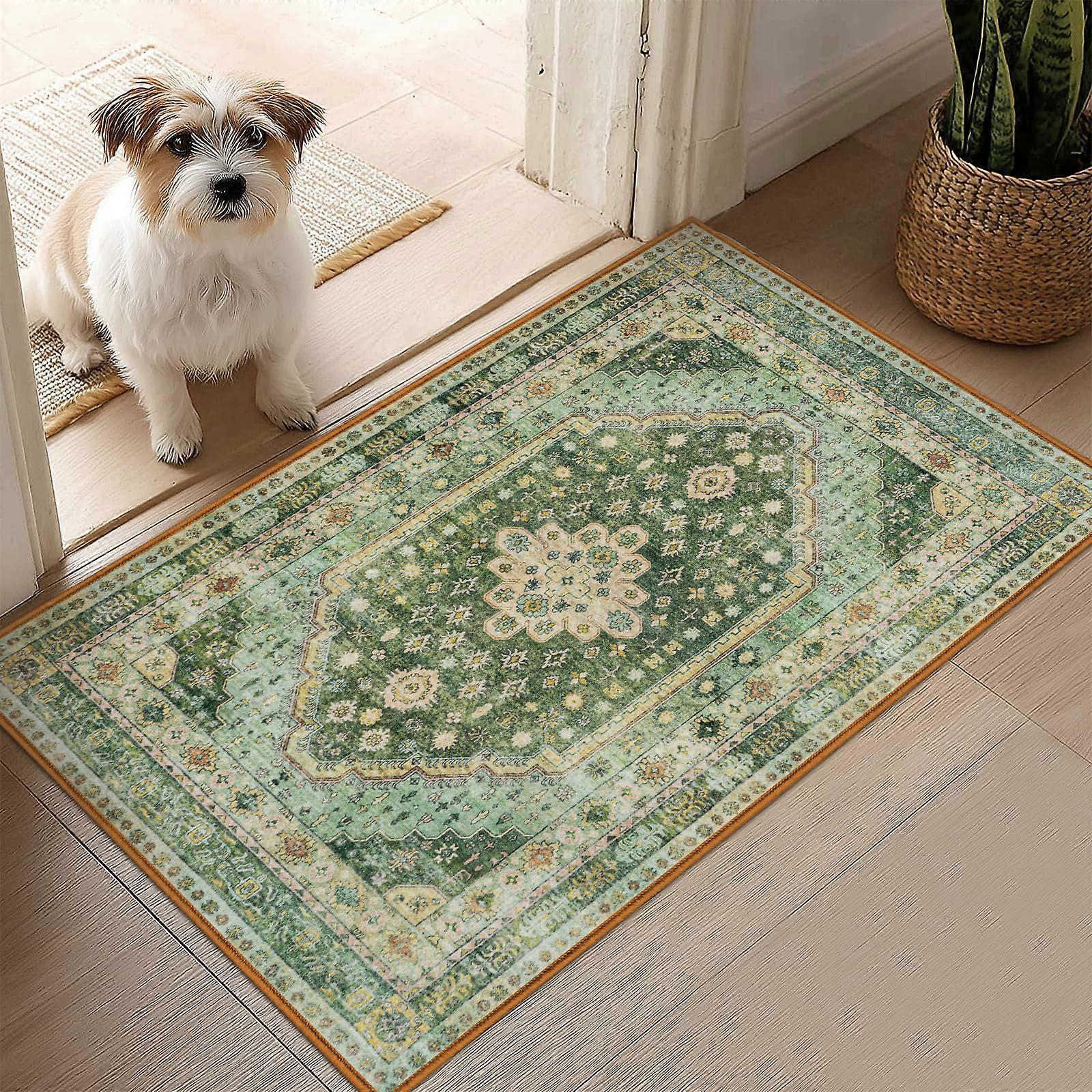 2x3 Machine Washable Area Rug with NonSlip Backing, Low Pile Boho Entryway and Indoor Door Mat Green/Yellow