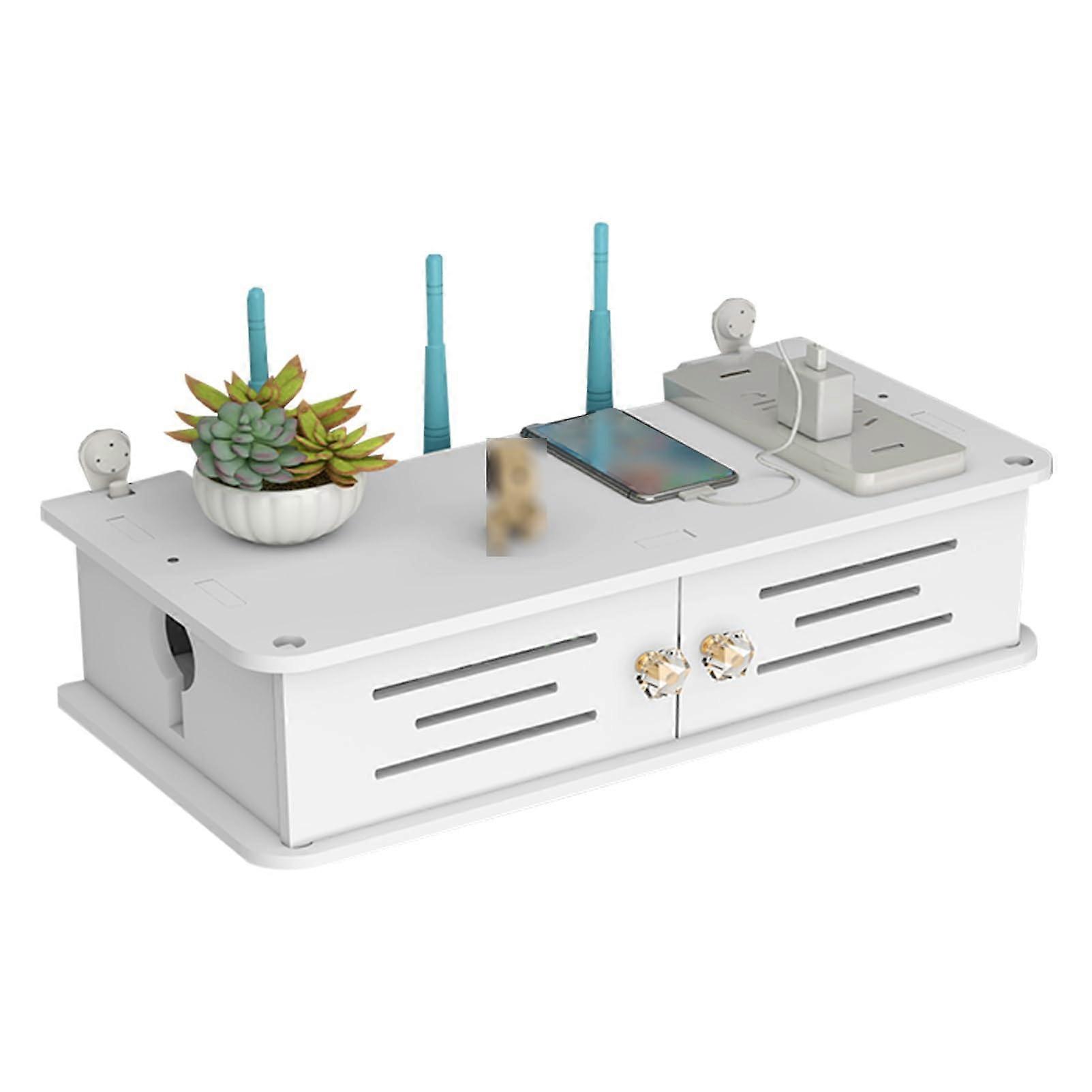 Wall Mounted WiFi Router Storage Box Solid Wood Shelf with Cable Management 40x20x11cm