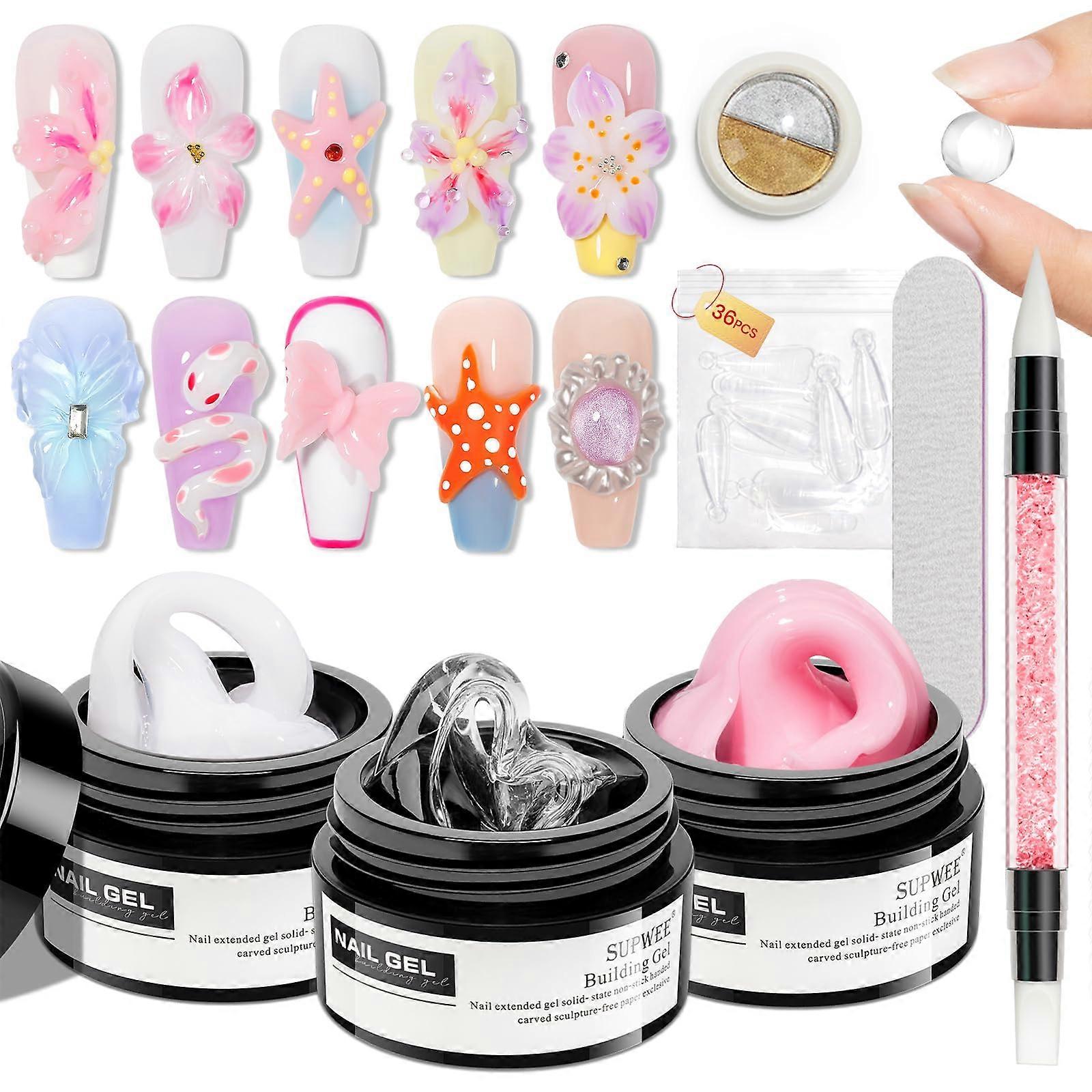 Solid Builder Gel for Nails Extension Kit Clear White Pink 3D Sculpting Dual Forms Salon Quality