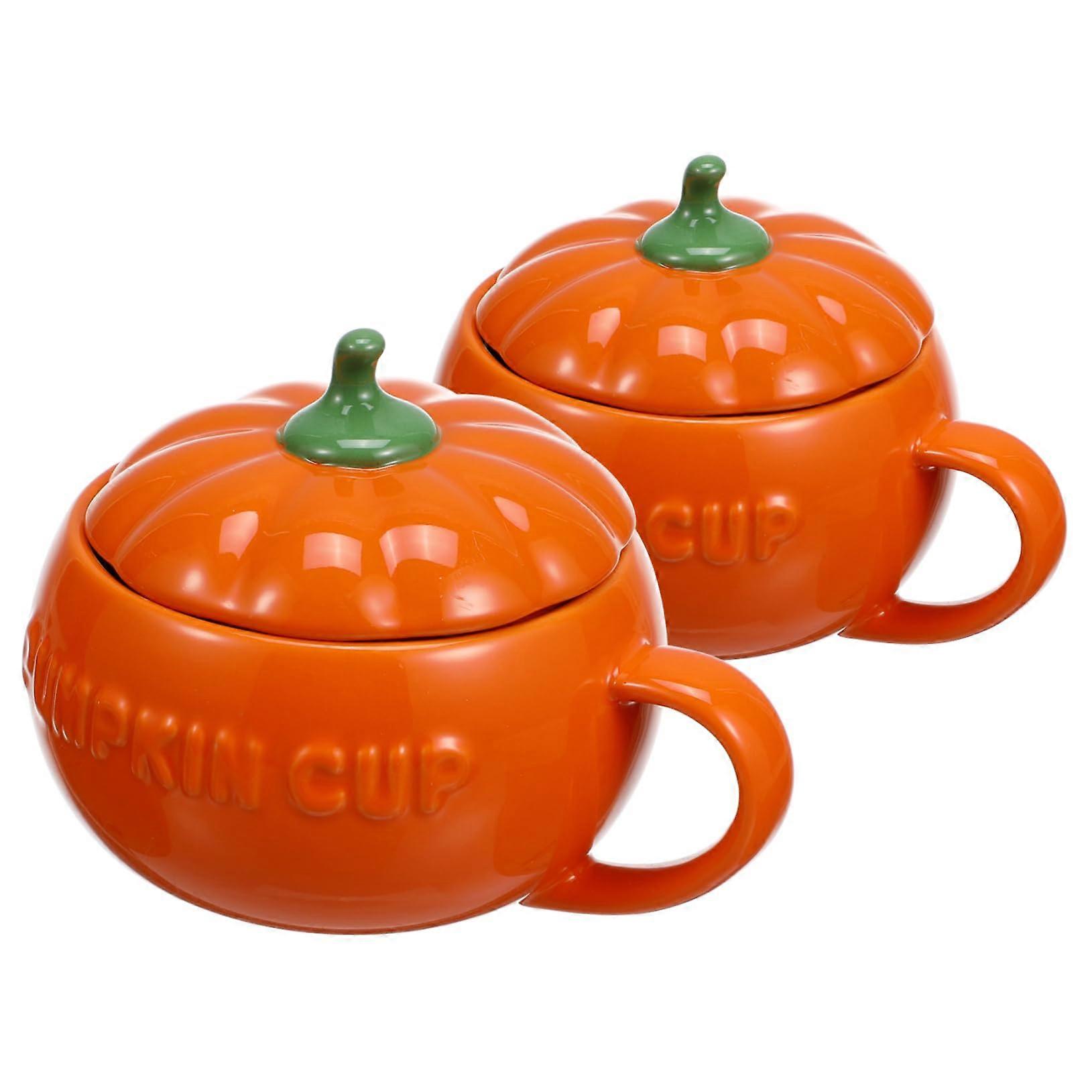 2PC Halloween Pumpkin Shaped Ceramic Mugs with Lids Festive Fall Tea and Cereal Cups