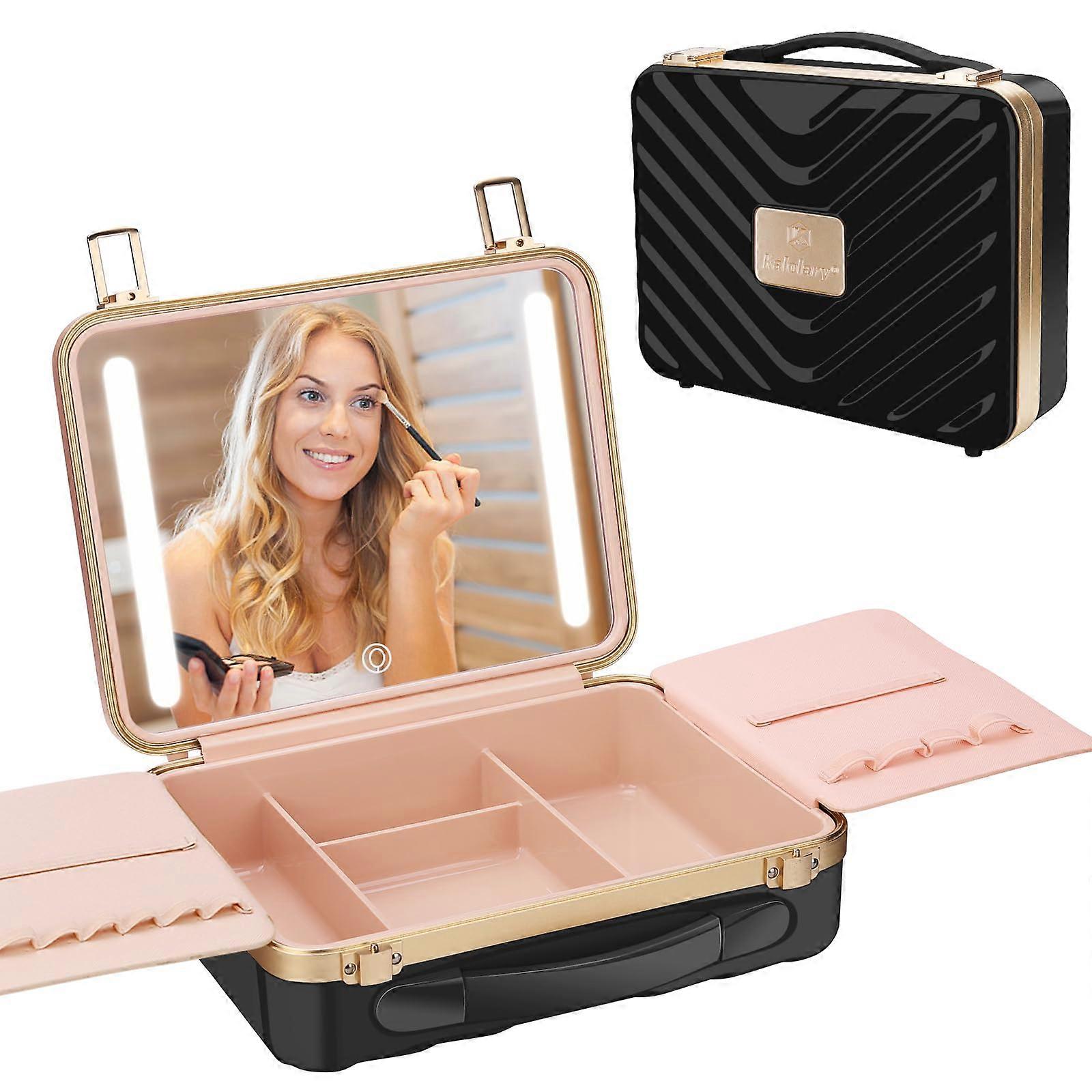 Makeup Train Case with 4K Lighted Mirror, Large Capacity, 3Color Touch Control, Rechargeable Battery, Black