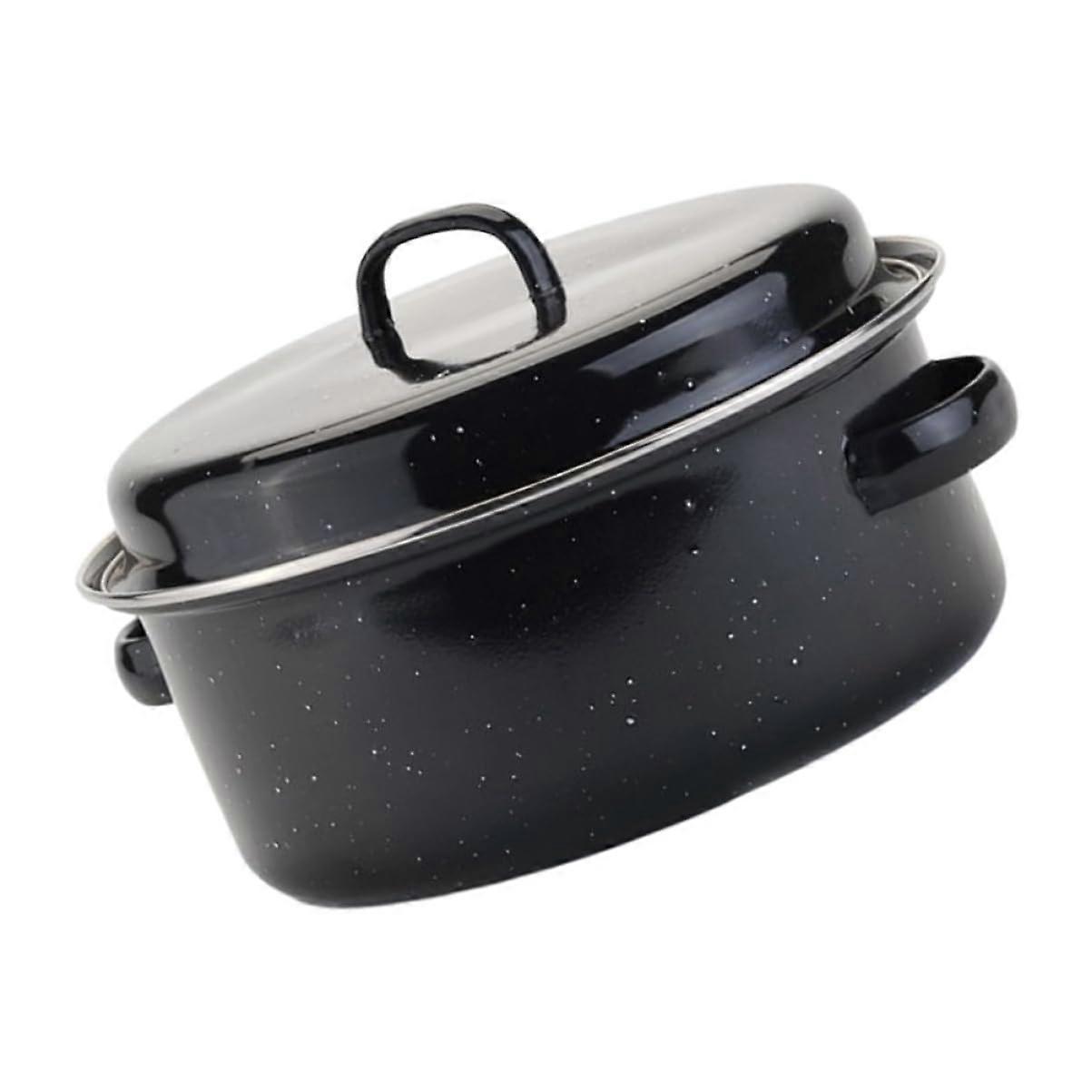 28cm Enamel Roasting Pan with Lid, Round Covered Roaster for Baking and Roasting