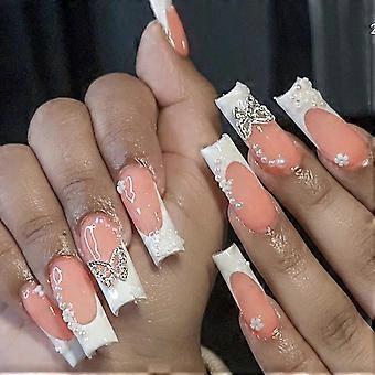 24pcs Long Square Press on Nails French Tip with 3D Pink Butterfly Design Easy SelfAdhesive