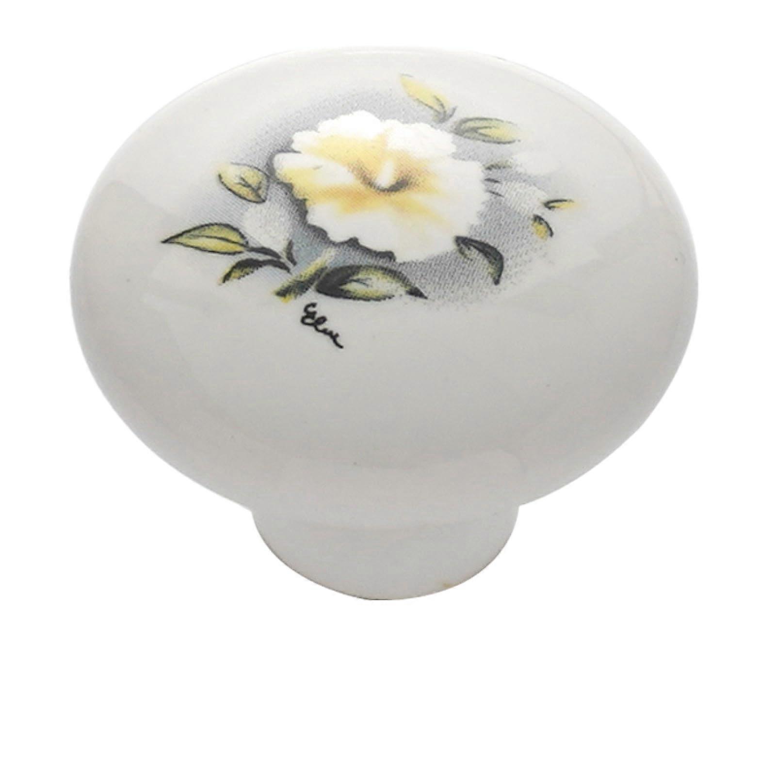 White Ceramic Cabinet Knobs with Screws, Floral Drawer Pull Handles, Round Wardrobe Door 4 Pack