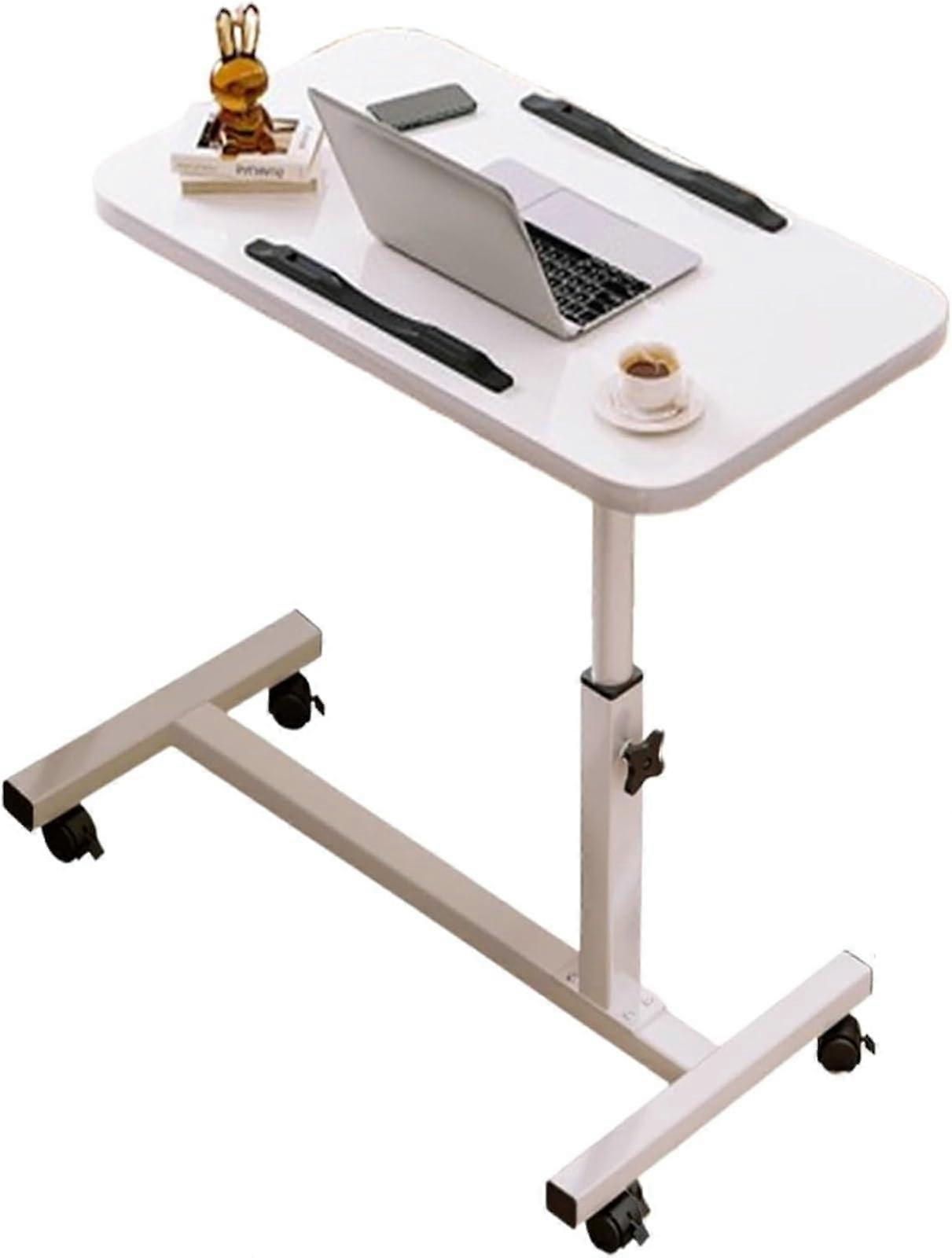 Adjustable Height C Shaped Side Table with Wheels for Sofa Bed, White Overbed Laptop Snack Desk