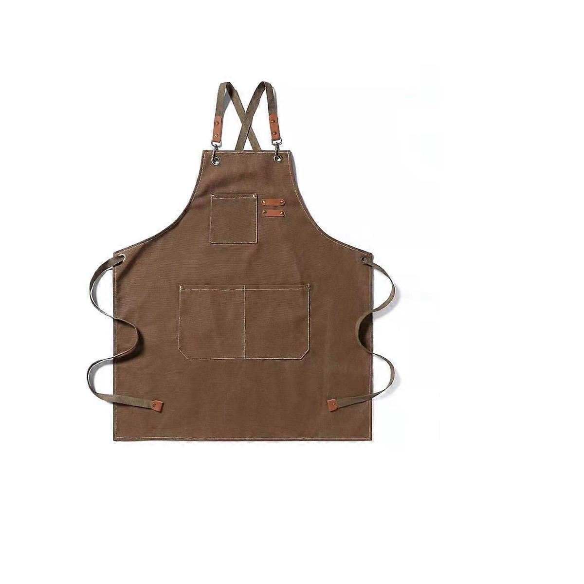 Brown Cotton Chef Apron with Pockets & Adjustable Cross-Back Strap