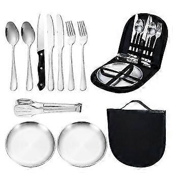 10Pcs Stainless Steel Plate Spoon Knife Fork Tongs Outdoor Camping Cutlery Organizer Picnic Portable Hiking Utensil Set