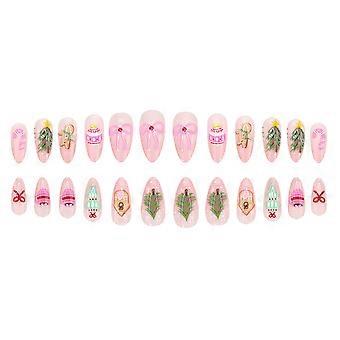 Christmas Gingerbread Man Tree Bow Press-On Nails, 24 pcs Short Almond False Nail Tips with Adhesive for Women and Girls