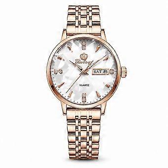 Women's Quartz Watch Binbang Red Leather Strap Rose Gold White Dial