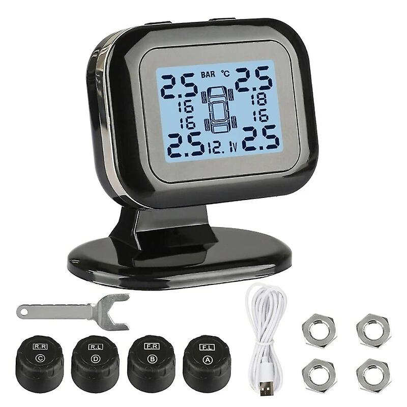 Wireless Car Alarm Tire Pressure Monitoring System Tpms Lcd + 4 External Sensors
