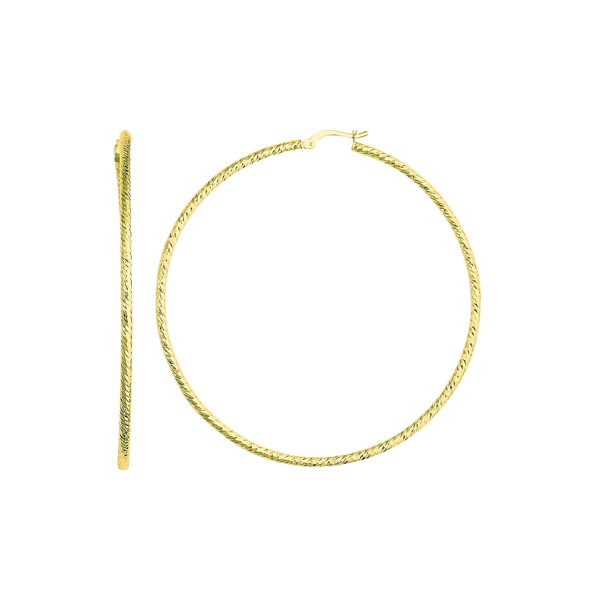 14K Yellow Gold Diamond Cut Round Design Hoop Earrings, Diameter 60mm