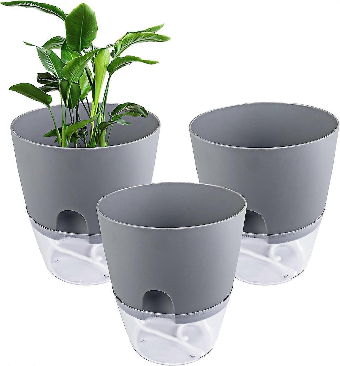 3 pcs Gray Flower Pots 15.3cm Width, Automatic Pots with Self Watering System, Self Watering Transparent Pots with Wick System for Balcony, Indoors