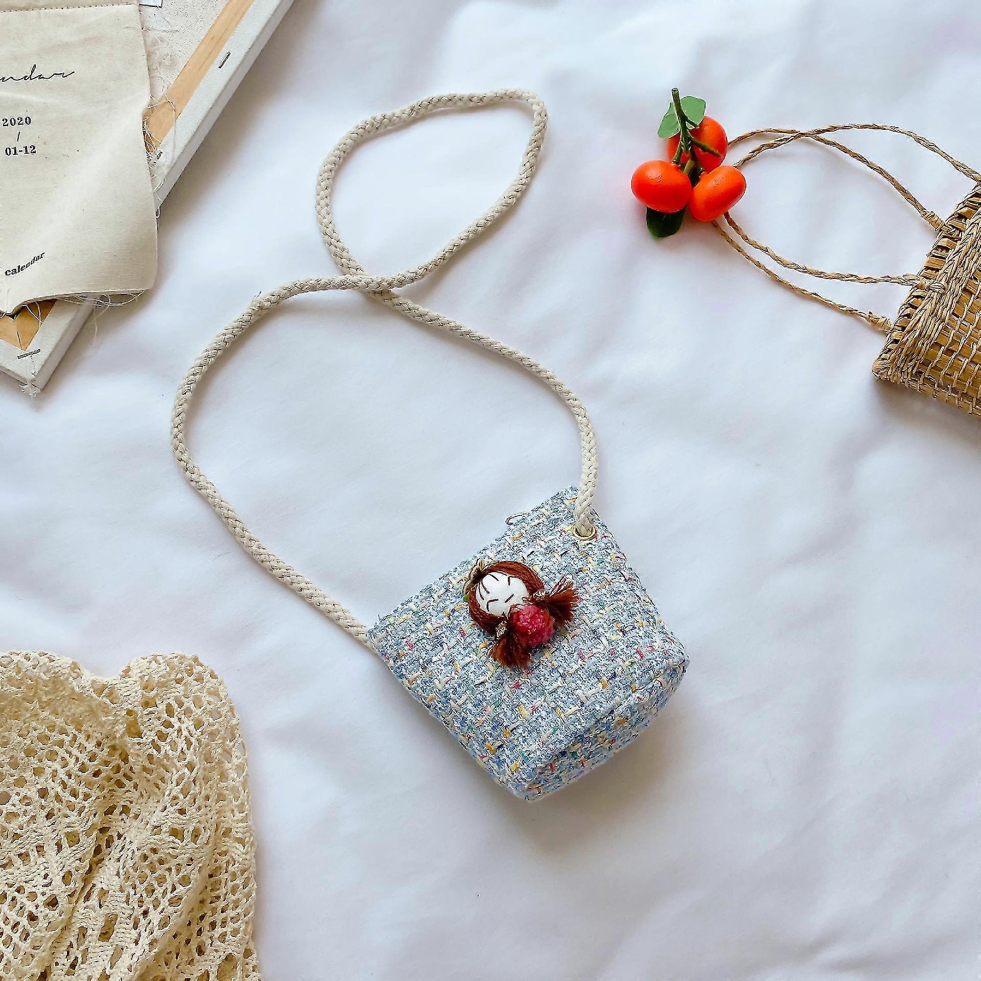 حقيبة كتف منسوجة للأطفال ، محفظة ، شكل لطيف 12 * 17 سم (أزرق + دمية)