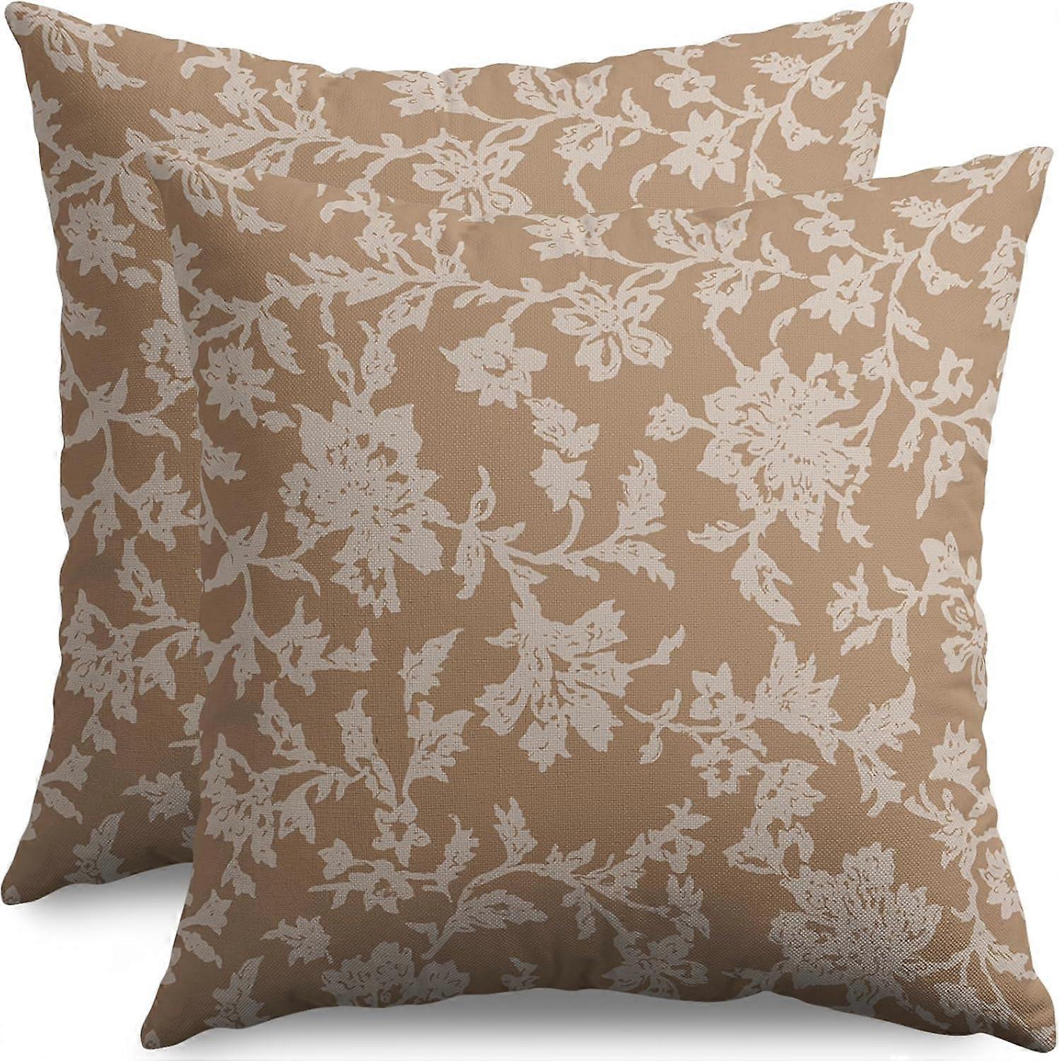 Vintage Floral Block Print Pillow Covers 16x16 Set of 2 Brown Cream Flower Pattern Rustic Old Style Decorative Throw Pillow Cases Outdoor Farmhouse De