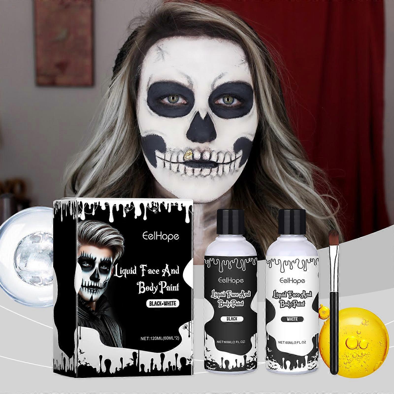 Schwarz Weiß Gesichtsfarbe, 60ml x 2 Stück Gesichtsfarbe Körperfarbe, Halloween Make-up Set mit Make-up-Pinsel, Clowns Zombie Vampir Skelett SFX Make-up für 