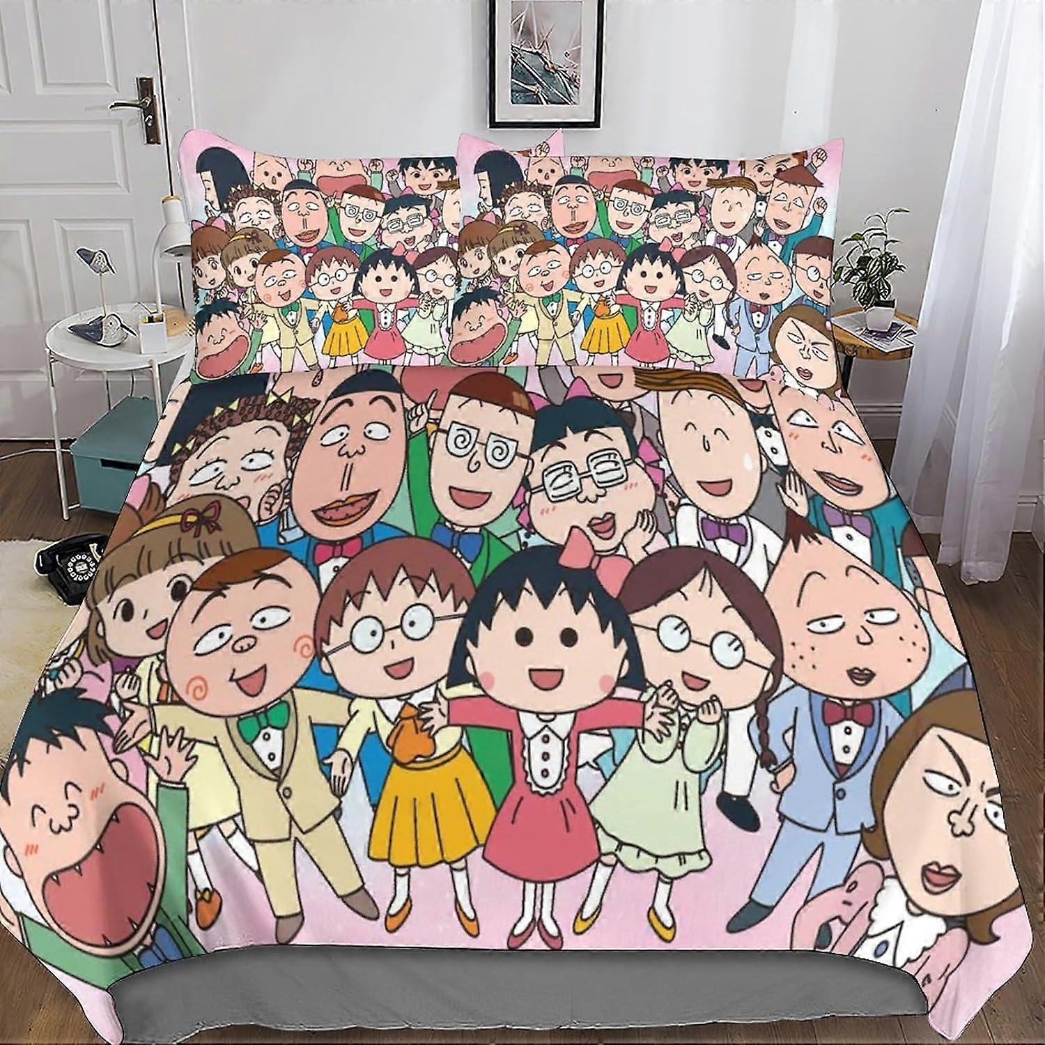 Chibi Maruko-Chan Bedding Set 3D Duvet Cover, Printed 3 Pieces, Microfiber Bedding with Zipper Closure Pillowcases for Single or Double Bed