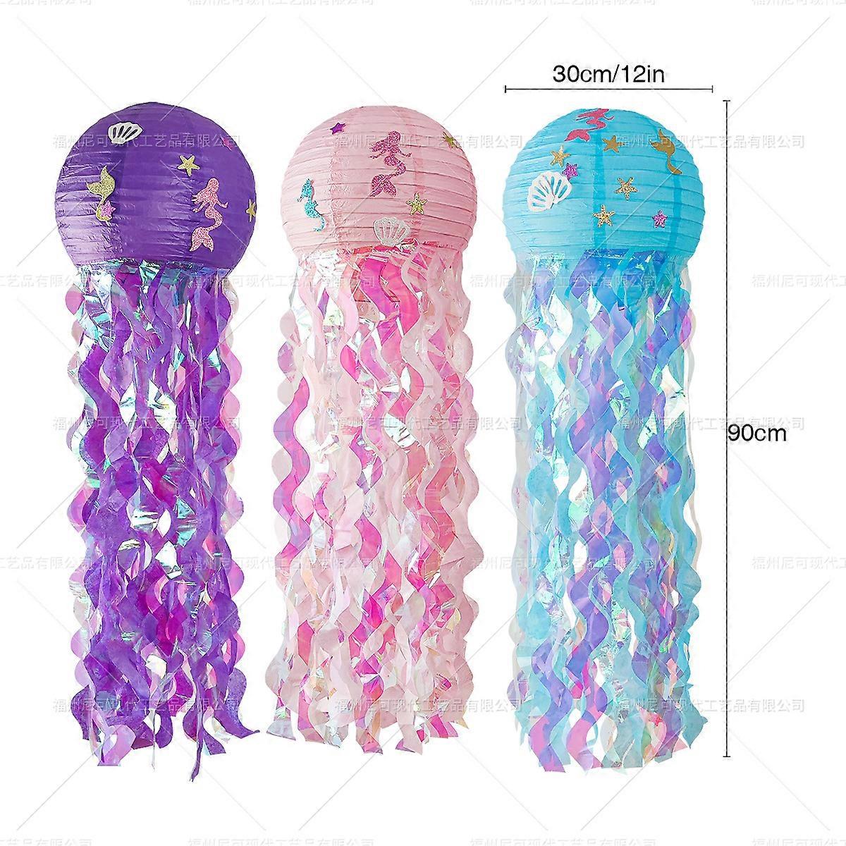 3pcs Jelly Fish Paper Lanterns,Hanging Lantern For Mermaid Theme Under The Sea Ocean Birthday Party Pink,Purple,Blue