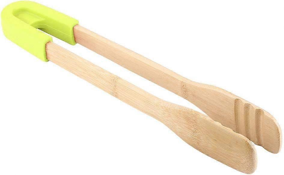Wooden Tongs for Barbecue, Buffet, Bread Tongs, Steak, Kitchen Utensils with Green Silicone Handle