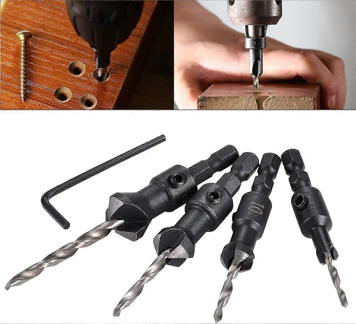 4pcs HSS Hex Shank Tapered and Reinforced Countersink Drill Cone Bits Woodworking Tool Set with Small Wrench
