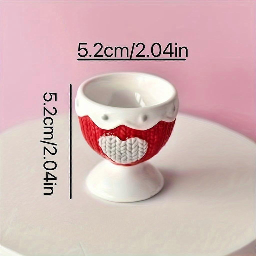 Ceramic Egg Cup with Embossed Heart Design, Cartoon Style Egg Holder for Easter, Red and Pink Knitted Pattern - Single Egg Stand