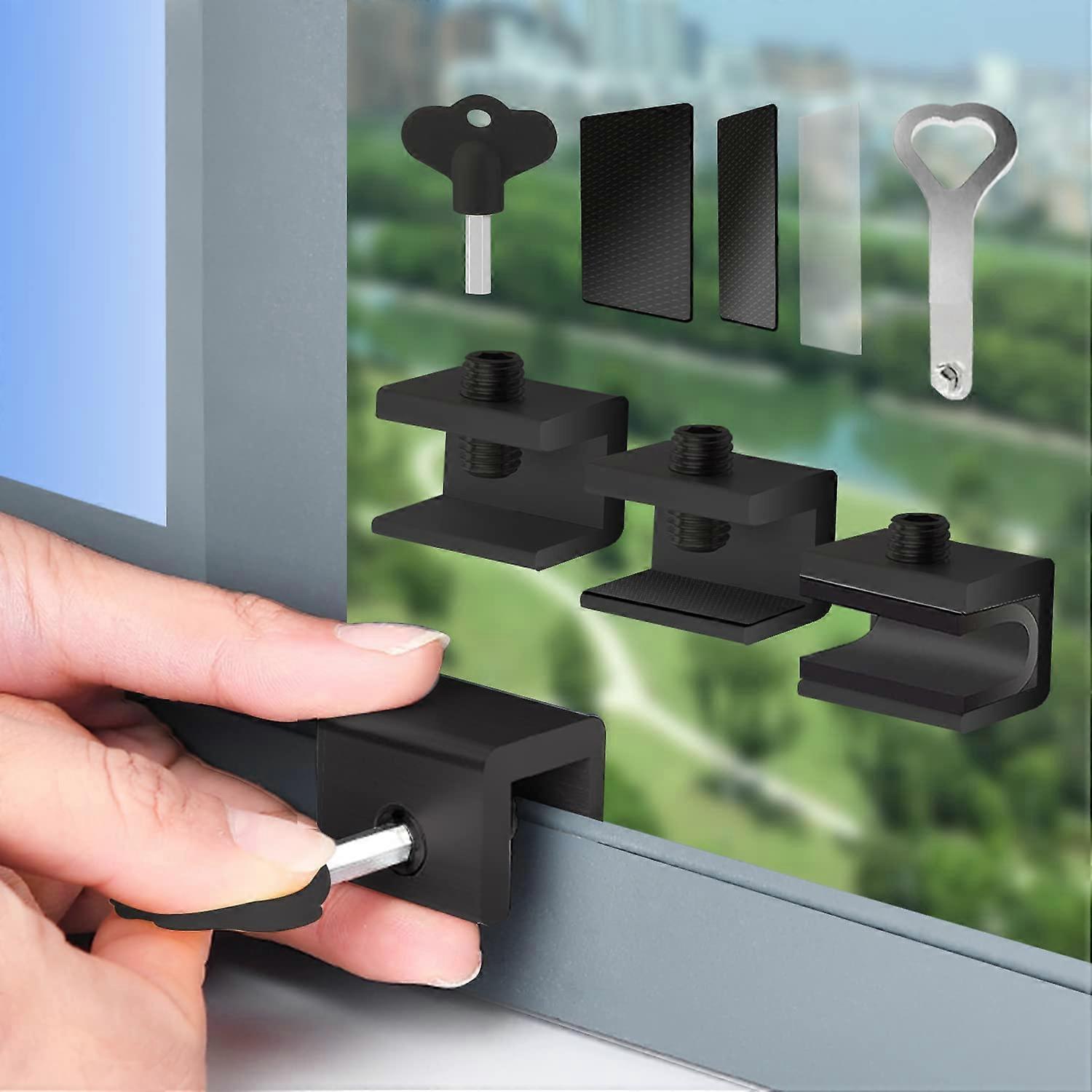 4 Sets Sliding Window Locks, Security Window Lock with Key, Aluminum Window Stoppers for Vertical & Horizontal Slide Door, Adjustable Security Locks, 