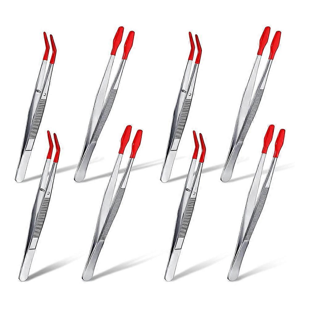 8 Pieces Tweezers with Rubber PVC Silicone Coated Non Marring Flat Tip Bent Tipped Tweezers for Jew