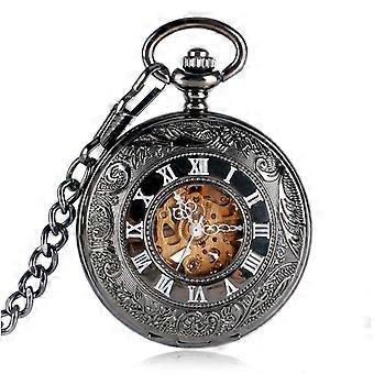 Black Antique Auto Mechanical Skeleton Pocket Watch See Though Face Retro Steampunk Fashion Pendant with Fob Chain Male Clock