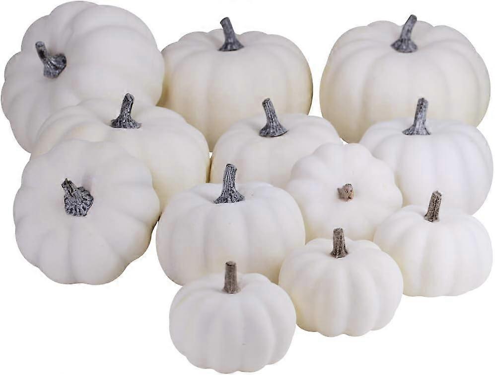 12Pcs Assorted Sizes Rustic Harvest White Artificial Pumpkins for Halloween, Fall Thanksgiving Decorating Harvest Embellishing and Displaying