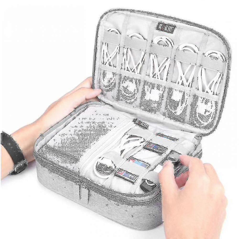 Waterproof Electronic Accessories Case Portable Double Layer Cable Storage Bag For Cord(grey)