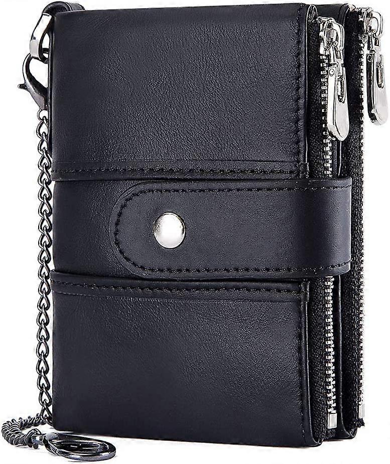 Mens Wallet RFID Blocking Soft Genuine Leather Gents Wallet with Chain, Double Zipper Men Leather Wallets with Coin Pocket Small Mens Bifold Wallets 1
