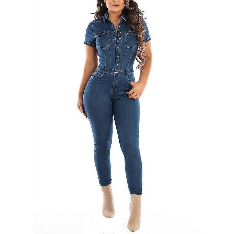 Damen Sexy Kurzarm Denim Jumpsuits Strampler